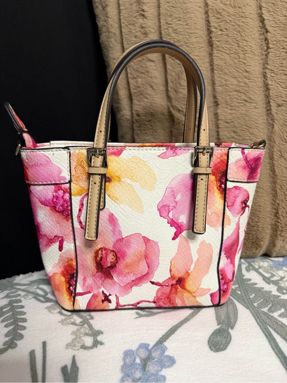 GUESS Floral Watercolor Mini Tote in Pink and Cream - Picture 2 of 4